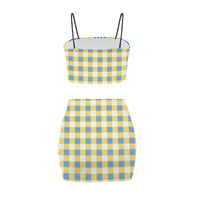 Yellow Blue and White Gingham Co Ord Set - Women's Crop Tank Top & Mini Skirt Co Ords