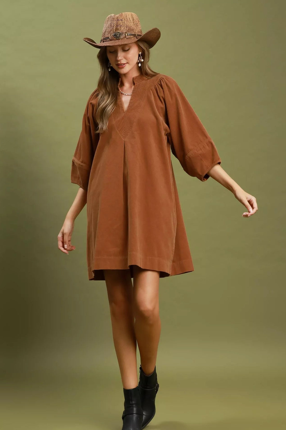 Camel brown corduroy V-neck shift dress with puff sleeves and above-knee hem