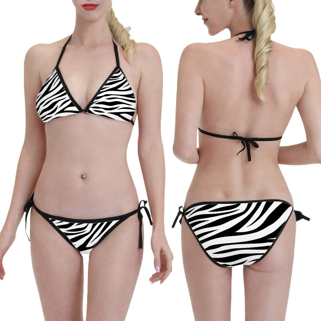 Triangle Bikini Set Black and White Zebra Print Adjustable String Swimwear