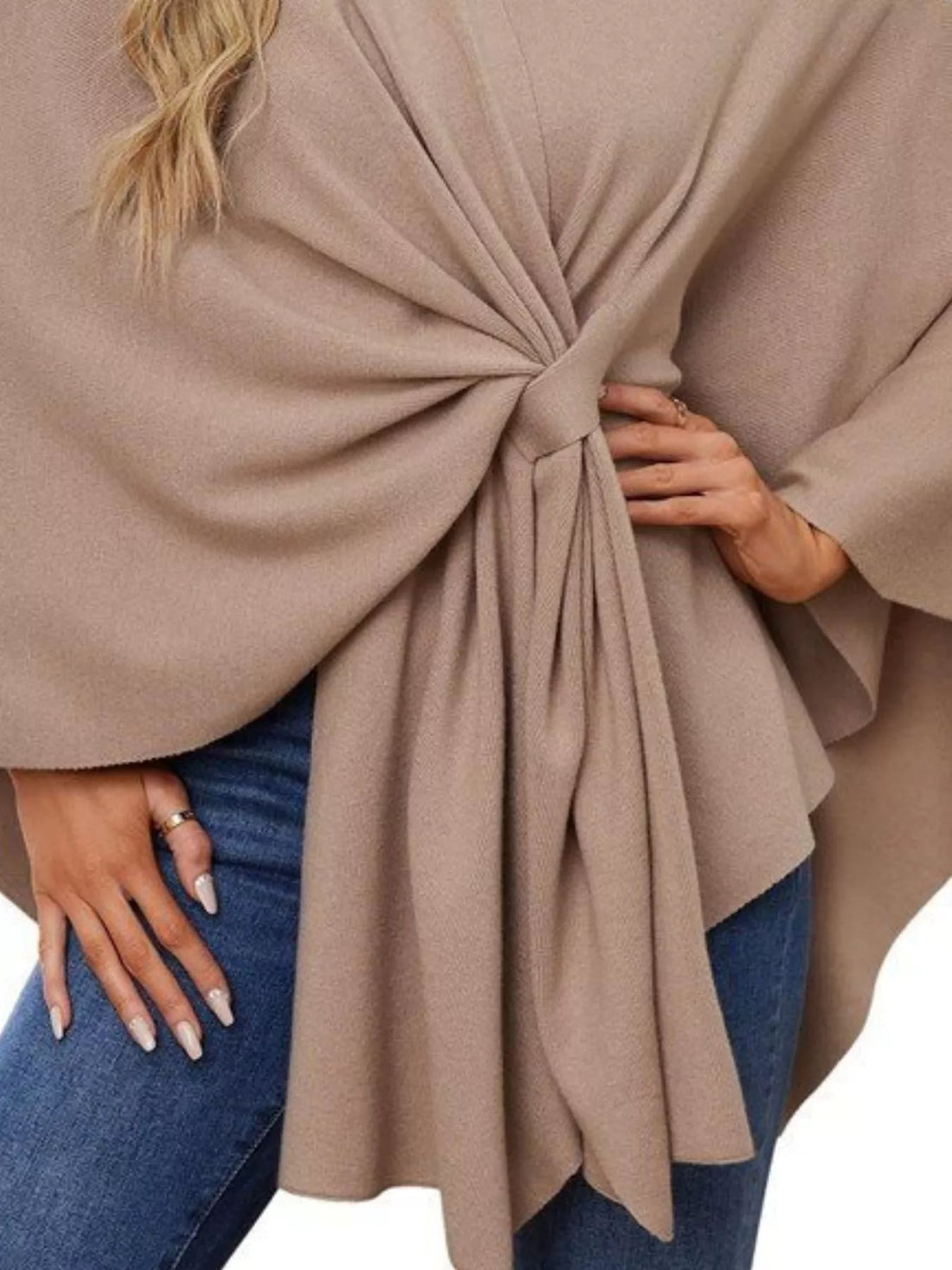 Light beige cape shawl front tie knot with gathered pleats
