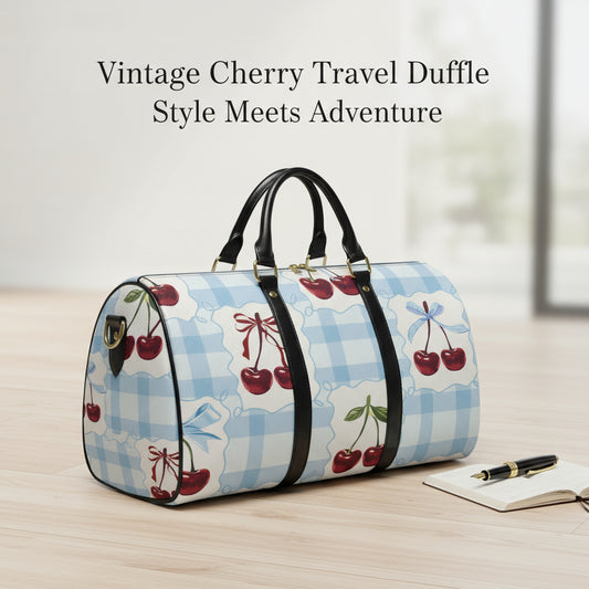 Personalized Duffle Bag, Cherry Gingham Travel Print Bag, PU Weekender, Carry-On Size, Custom Overnight