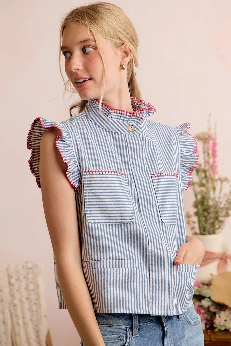 Blue and white striped vest top with red-trimmed ruffled sleeves and buttoned collar