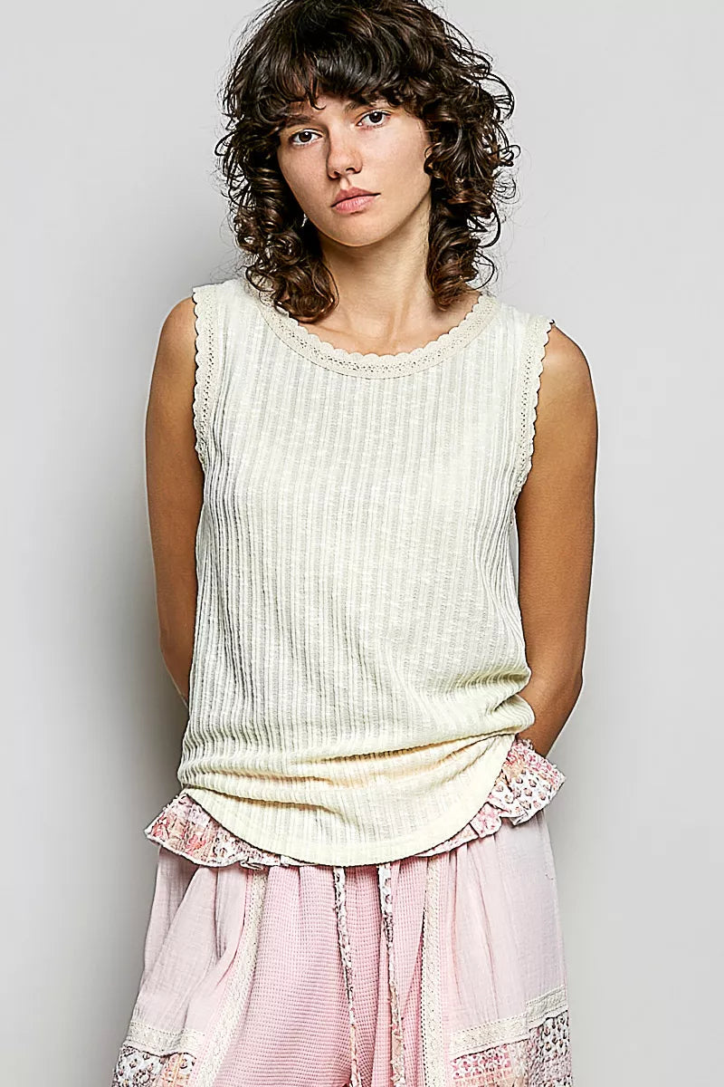 Beige ribbed sleeveless tank, scalloped lace round neckline
