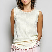 Beige ribbed sleeveless tank, scalloped lace round neckline