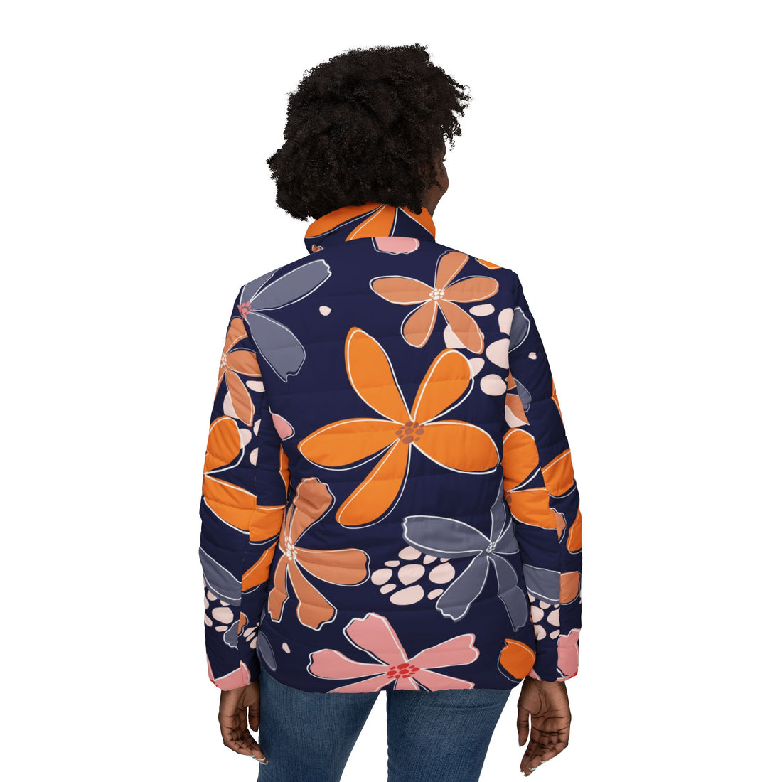 Floral Puffer Coat | Navy and Orange Floral Print Padded Coat