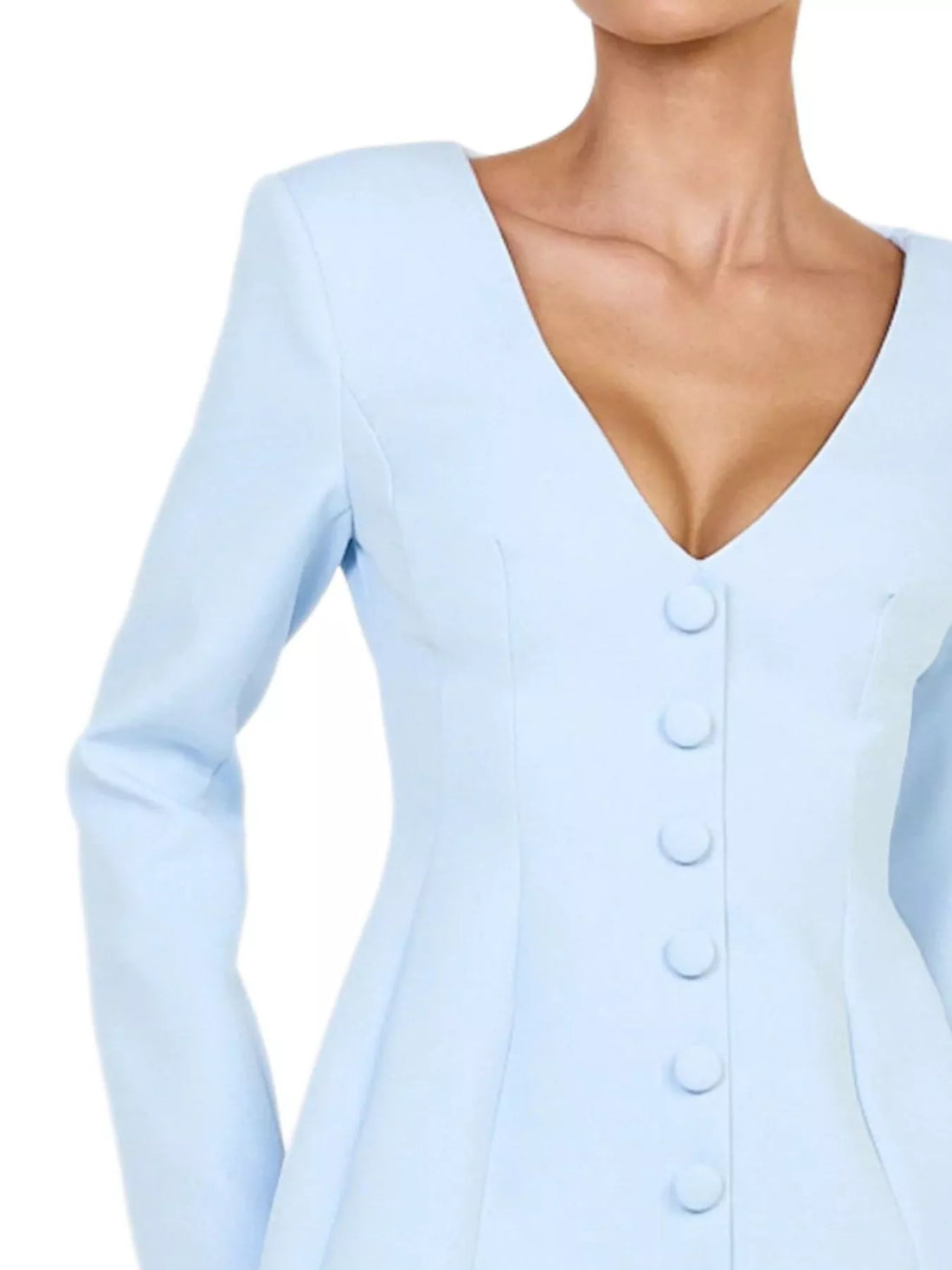 Light blue blazer dress bodice with deep V-neck and vertical button detail
