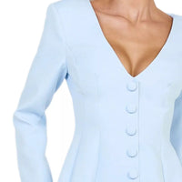 Light blue blazer dress bodice with deep V-neck and vertical button detail