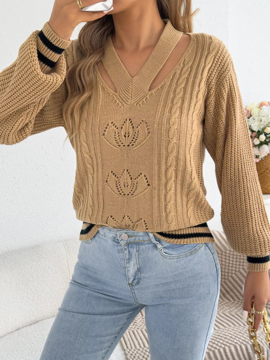 Camel cutout cable knit sweater, ribbed V-neck and striped sleeve cuffs