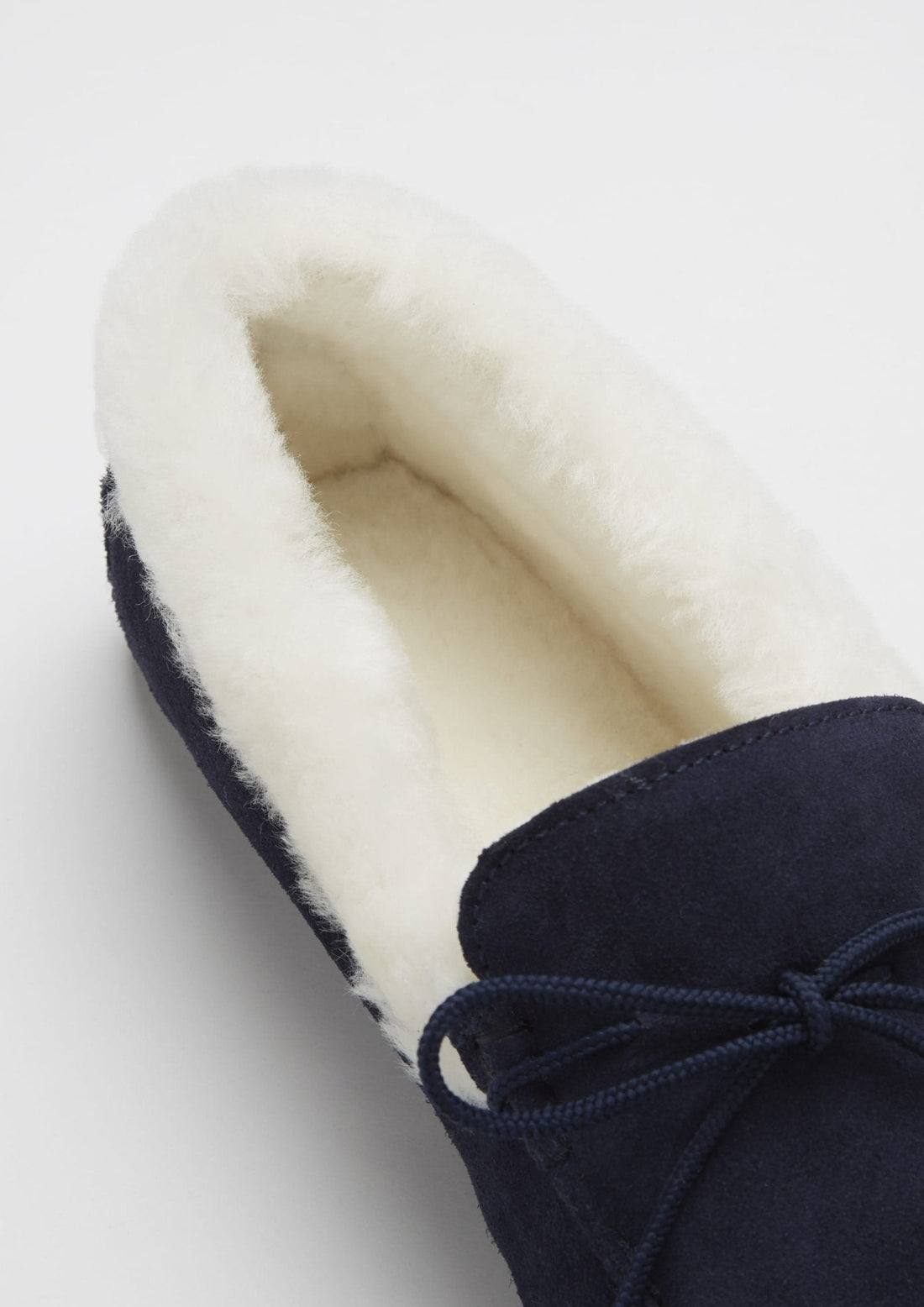 Close-up of a navy suede slipper&