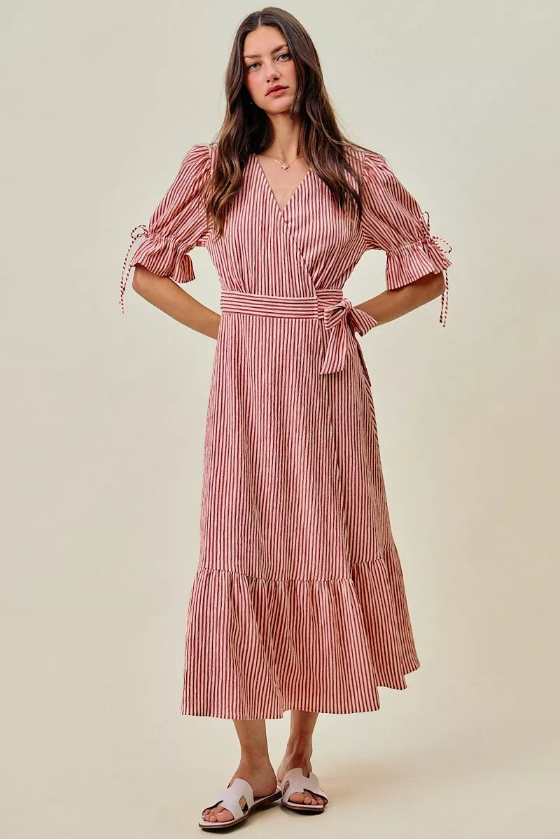Red striped wrap midi dress with V-neck, puff sleeves, and tie waist