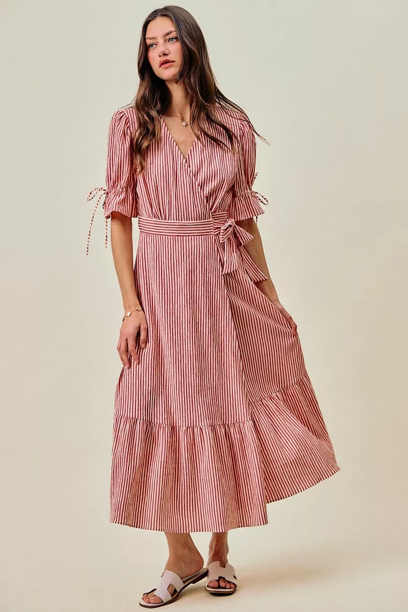 Red and white striped wrap midi dress with ruffle sleeve cuffs and tiered hem