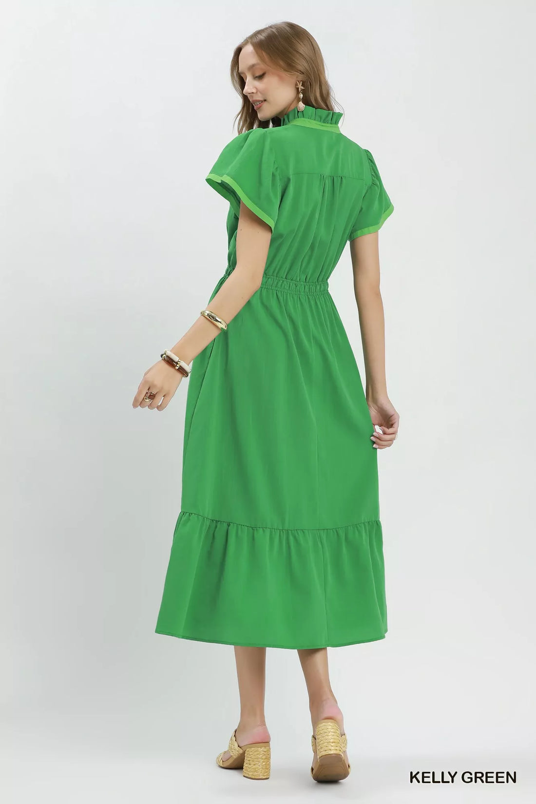 Kelly green midi dress, back view with flutter sleeves and tiered ruffle hem