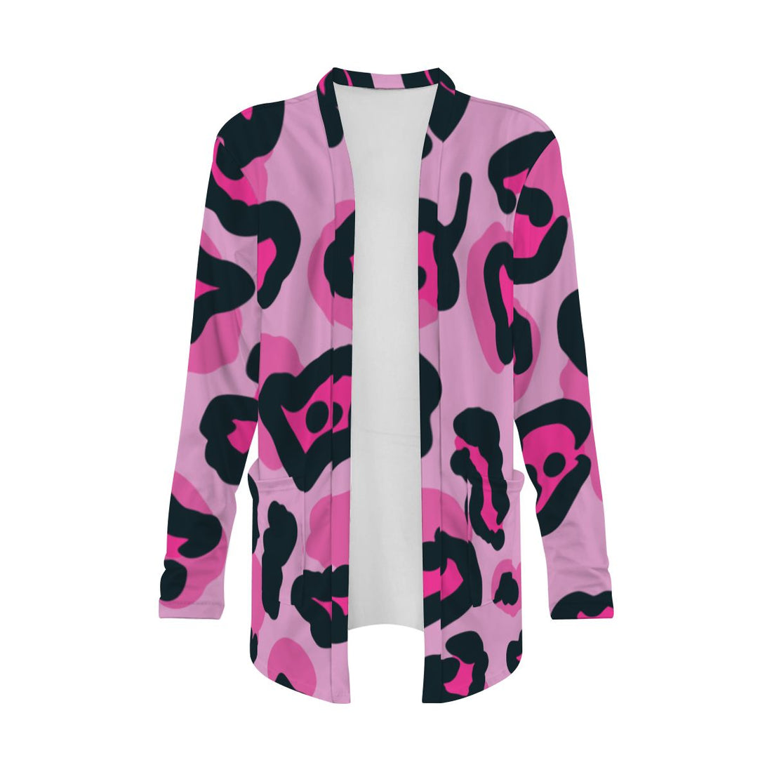 Pink Leopard Print Open-Front Cardigan with Pockets