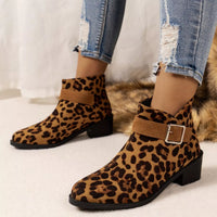 Leopard print point-toe block heel ankle boots with wide strap buckle detail