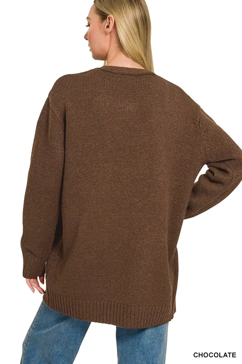 Back view of chocolate-brown open-front knit cardigan with long sleeves
