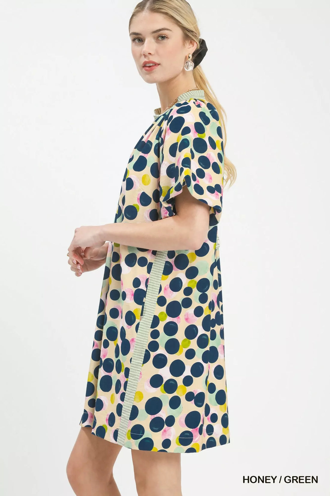Short-sleeve V-neck polka dot tunic dress, honey/green with navy and pink spots