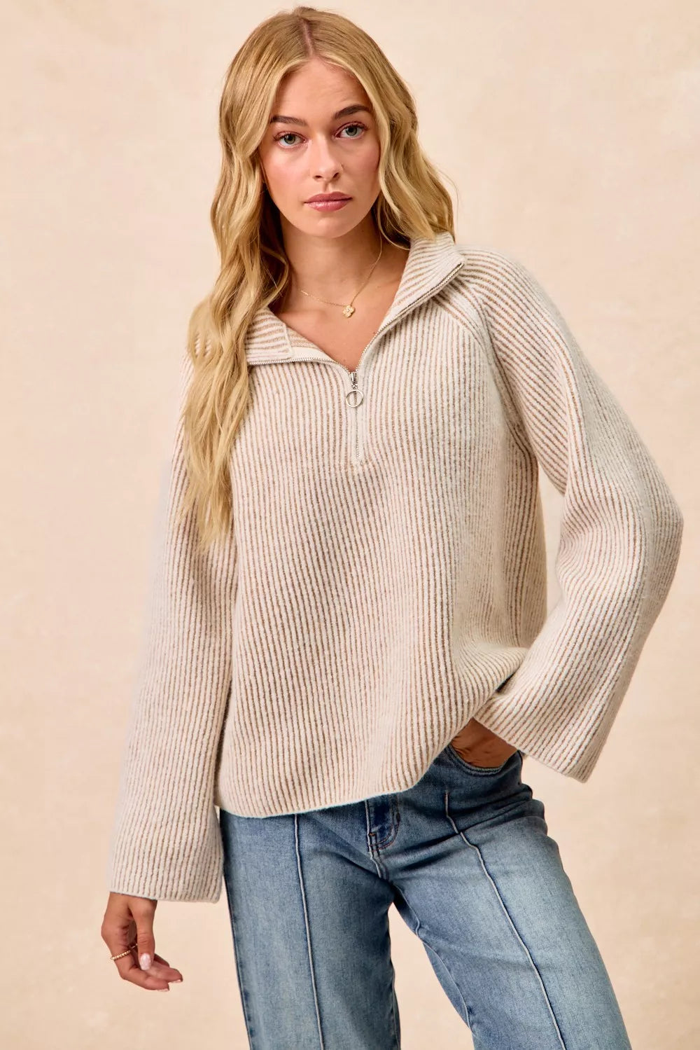 Two-tone rib knit half-zip sweater, taupe and cream, front view