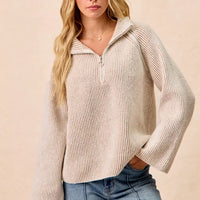 Two-tone rib knit half-zip sweater, taupe and cream, front view