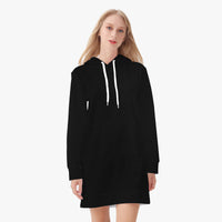 Black women’s hoodie dress with hood, white drawstring, long sleeves, front pocket