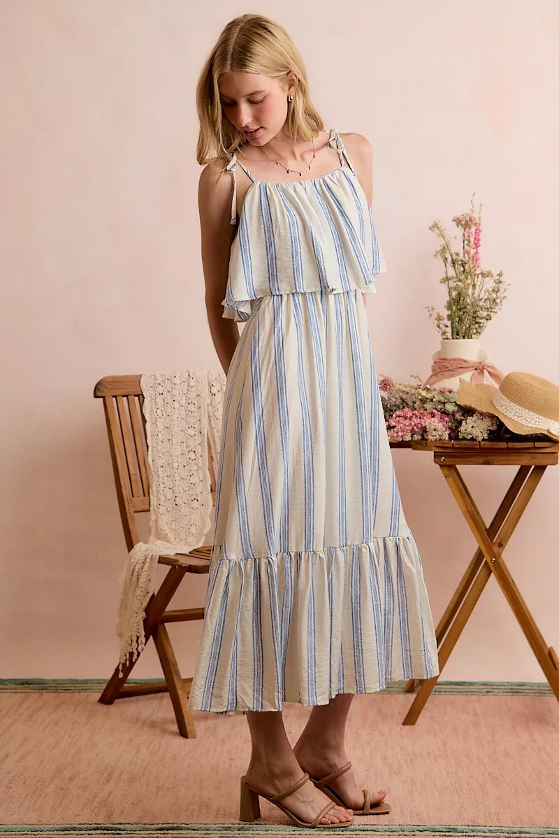 Blue and white striped midi dress, tiered skirt, lined bodice with tie straps