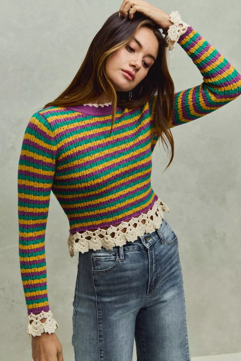 Striped cropped knit top with scalloped crochet cuffs and hem, long sleeves