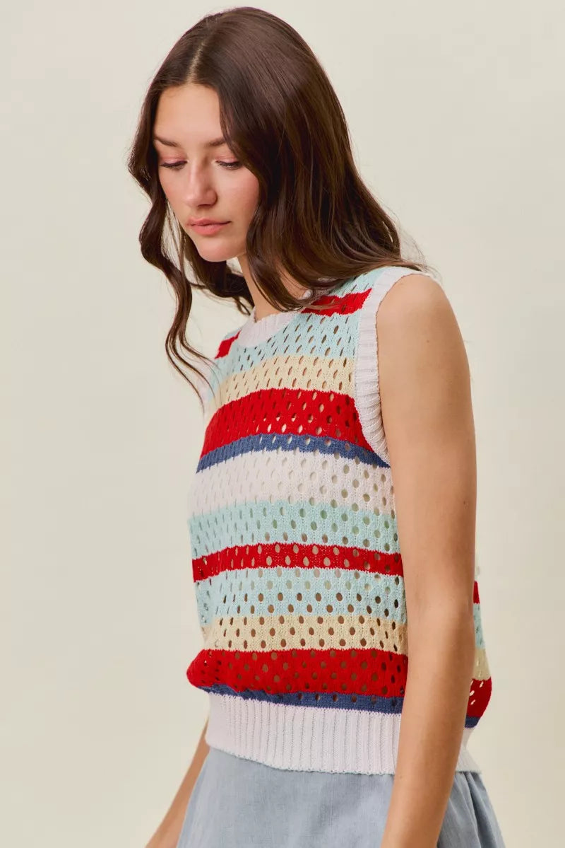 Women’s sweater knit tank top in multi-color horizontal stripes, sleeveless
