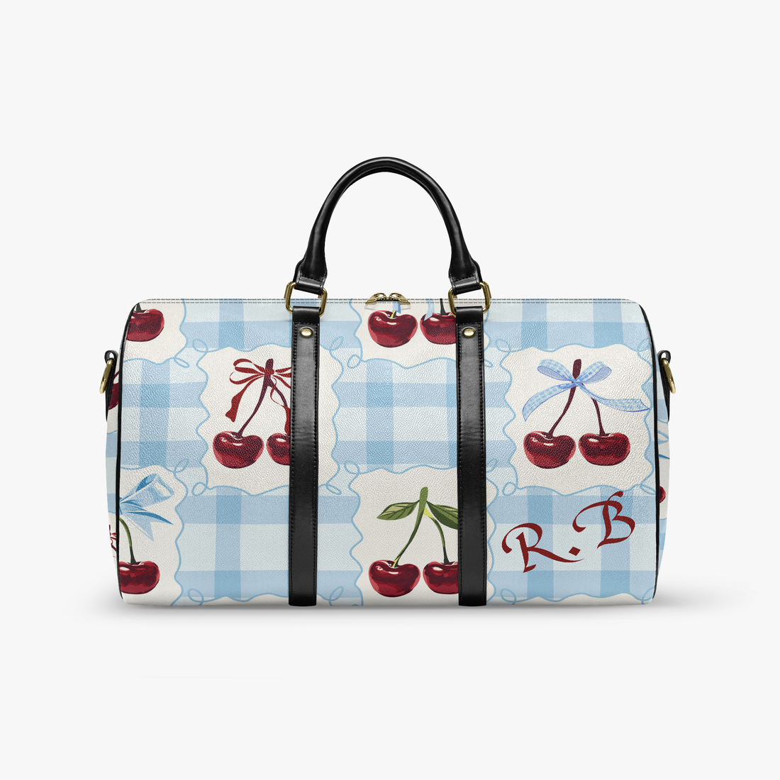 Gingham Duffle Bag | Personalized Blue & Cherry PU Weekender