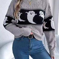 Gray Halloween ghost-pattern sweater with ribbed cuffs and black contrast stripe trim