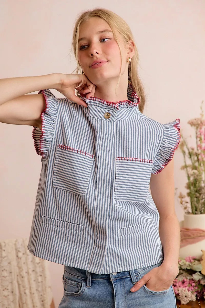 Blue and white striped ruffle-shoulder vest top with hidden button front and red trim