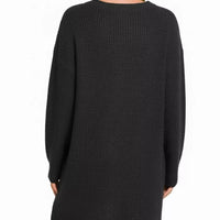 Back view: black long-sleeve ribbed sweater dress with rounded neckline and straight hem