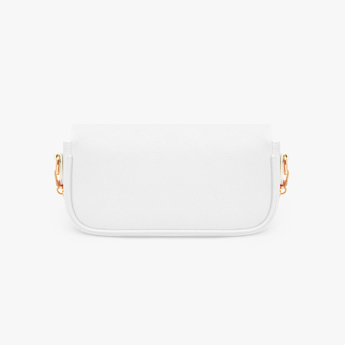 White mini shoulder bag back view with gold chain loops on both sides.