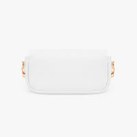 White mini shoulder bag back view with gold chain loops on both sides.