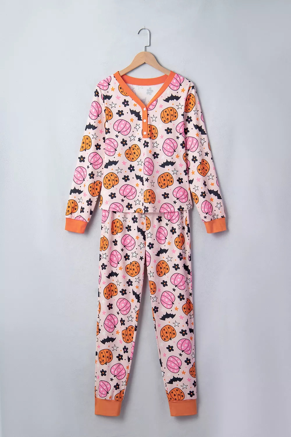 Dusty pink pumpkin-print button-front long-sleeve lounge set with matching pants