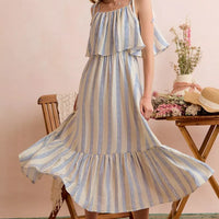 Blue and white striped tiered midi dress with ruffled shoulder tie straps