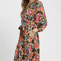 Belted midi dress with V-neck and long sleeves, dark olive multicolor floral print