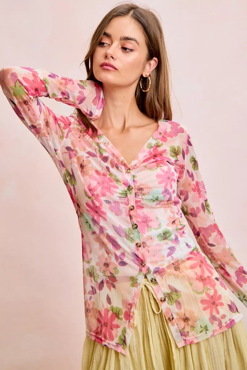 Floral mesh cardigan top with V-neck, button front, and shirred detail in pink multi
