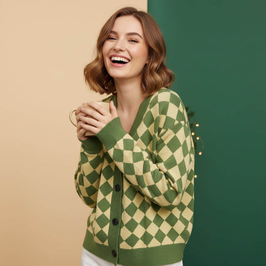 Lime Green Cardigan Sweater | Unisex Aesthetic Checkered Jacquard Knit