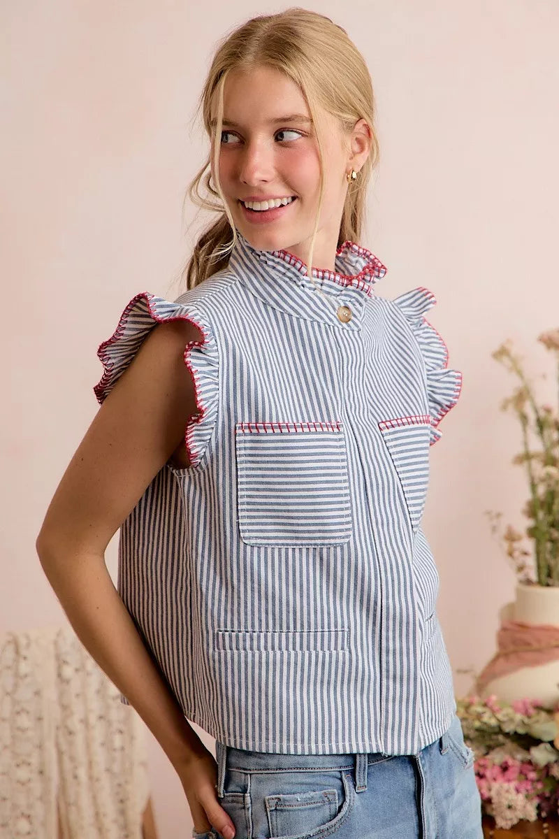 Blue striped sleeveless vest top with ruffled sleeves and red-trimmed hidden button placket
