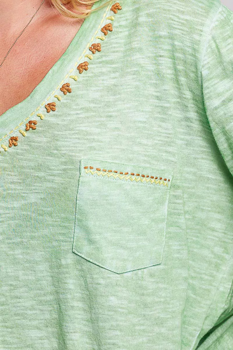 Light green knit top close-up: embroidered neckline trim and chest pocket