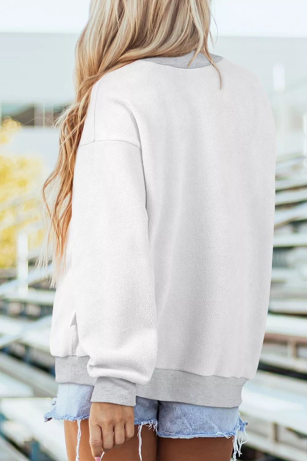 Light gray sweatshirt back view with mock neck, no visible graphic
