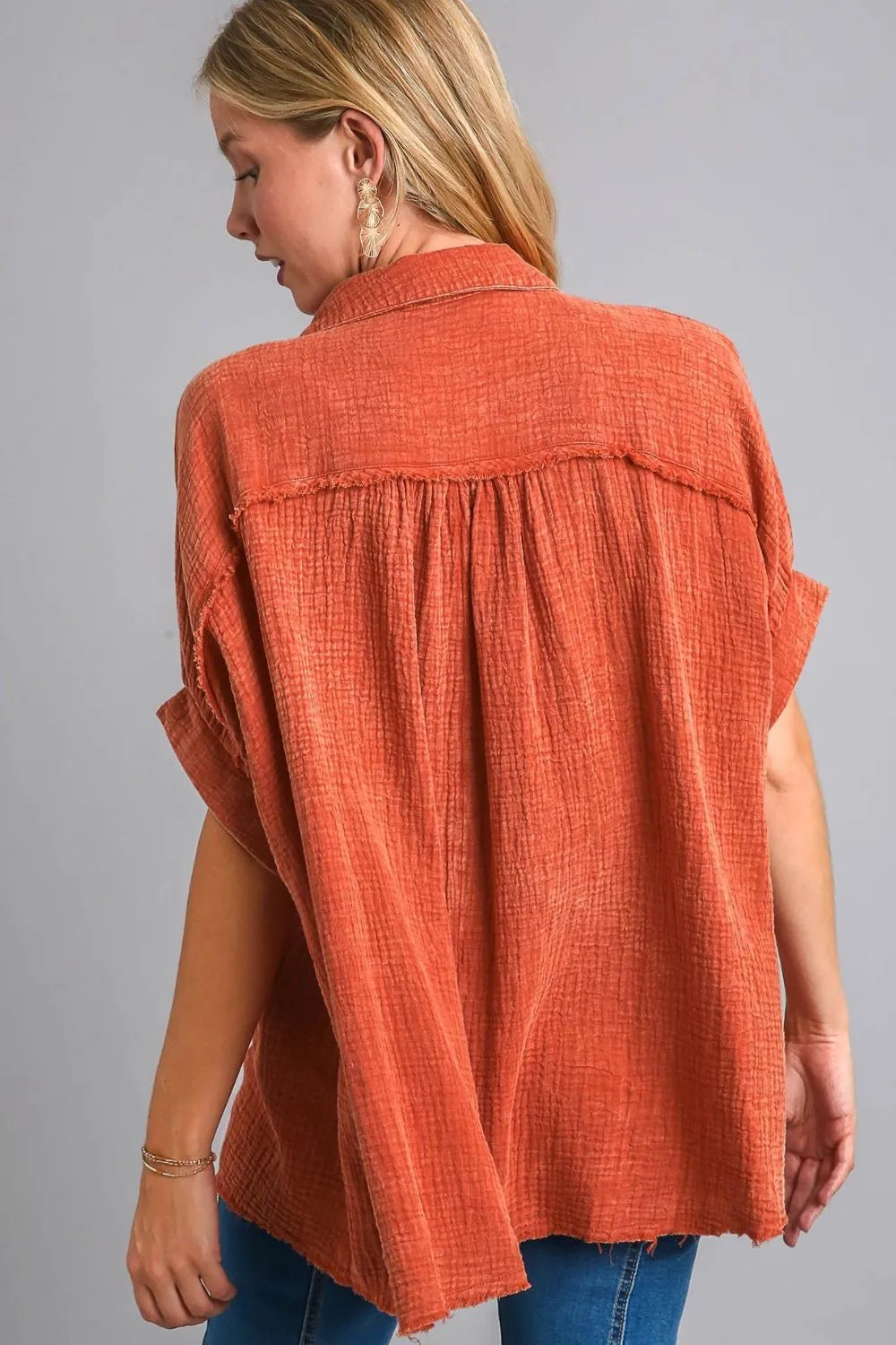 Orange-red plus size button-down shirt, back with yoke and gathered yoke pleats