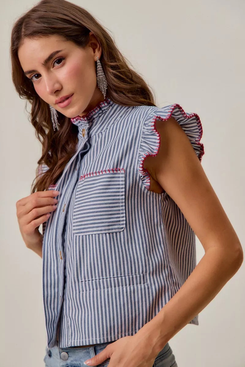 Ruffled sleeveless vest top with blue-and-white stripes and red-trim shoulder ruffles, button front