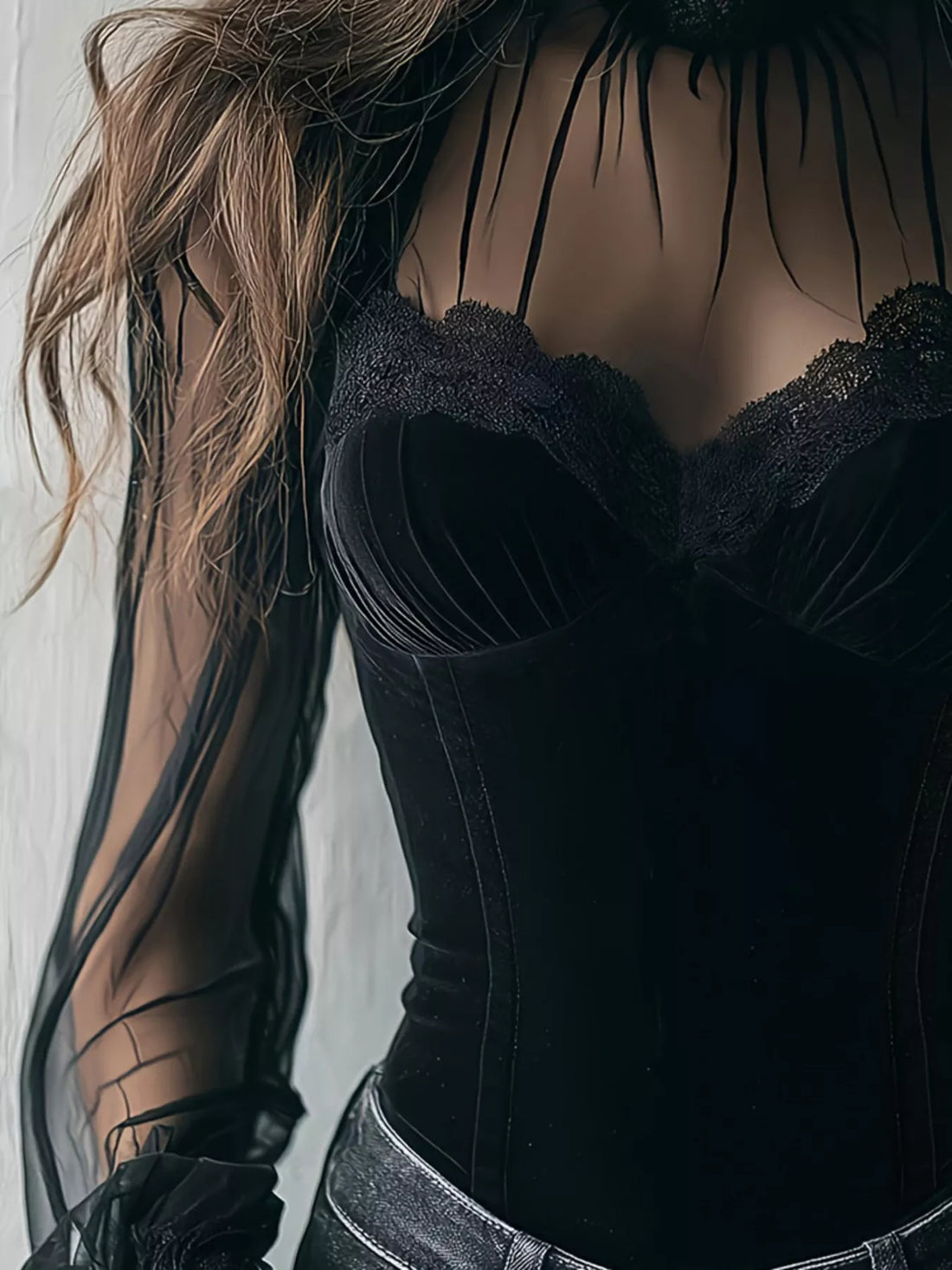 Black velvet corset blouse close-up with lace-trim bust and sheer sleeve panels