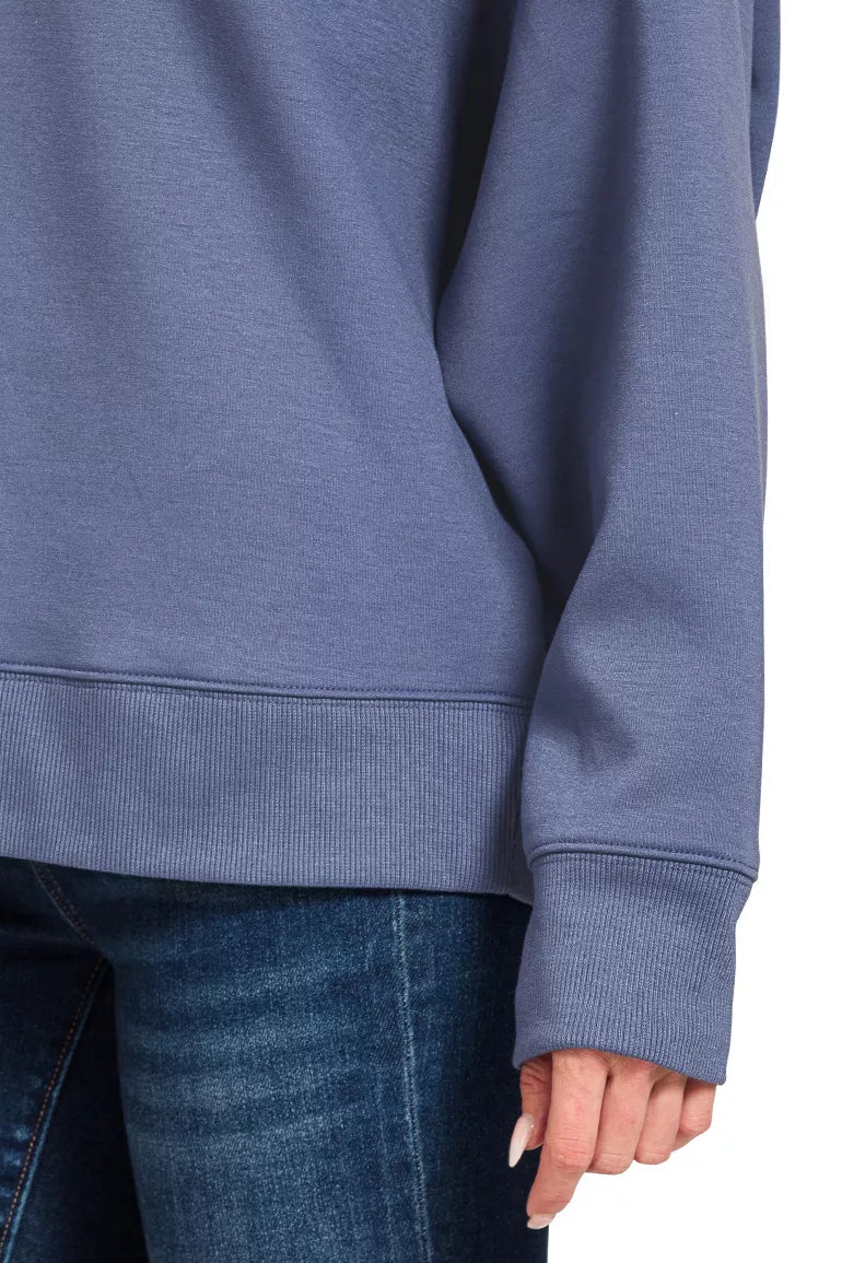 Blue indigo pullover with ribbed hem and long sleeve cuff