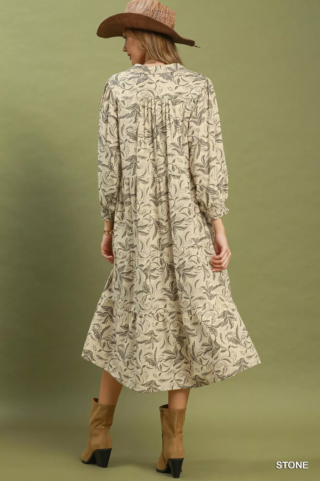 Beige botanical-print tiered midi dress back view with long sleeves