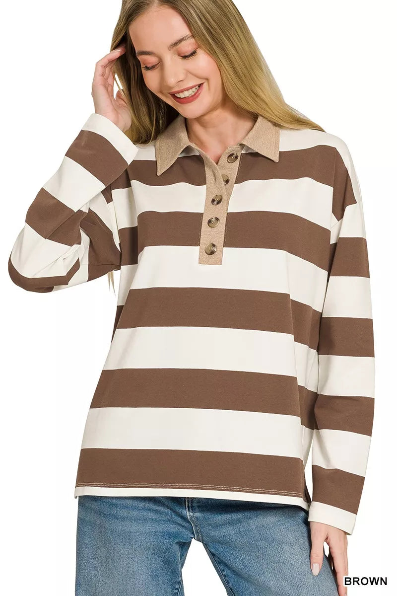 Brown and cream striped polo tee with contrast collar and button placket