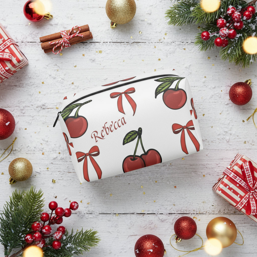 Leather Makeup Bag, Personalized Festive Boxy Custom Cherry Christmas Cosmetic Case, PU Leather Organizer