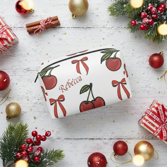 Leather Makeup Bag, Personalized Festive Boxy Custom Cherry Christmas Cosmetic Case, PU Leather Organizer