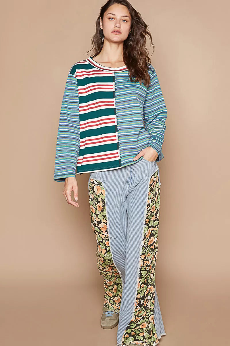 Striped long-sleeve t-shirt, round neck, color-block panels in blue and green