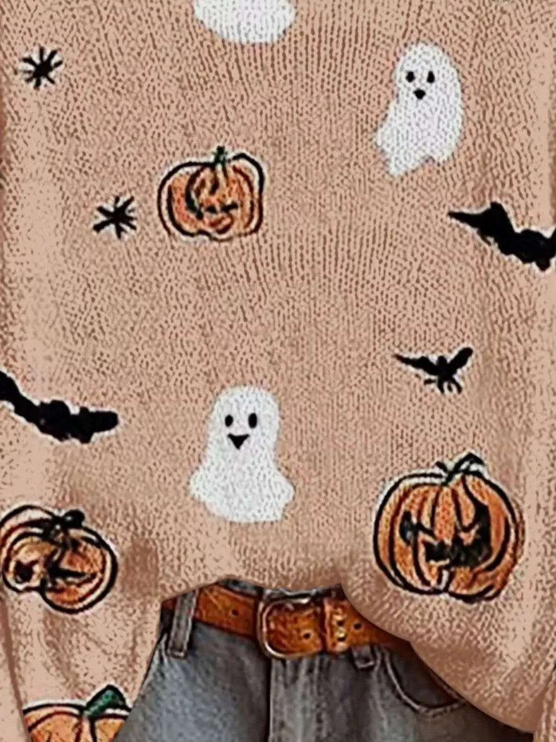 Plus-size pale blush Halloween boat-neck sweater with close-up ghost, pumpkin, bat prints